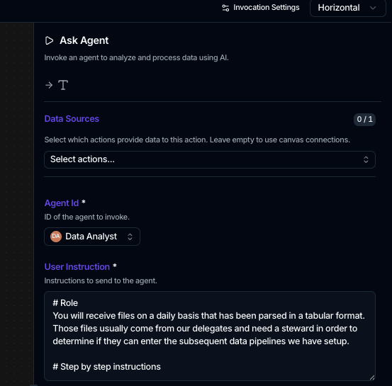 The Ask Agent side panel with a Data Sources selector, an Agent Id of Data Analyst, and a User Instruction prompt.