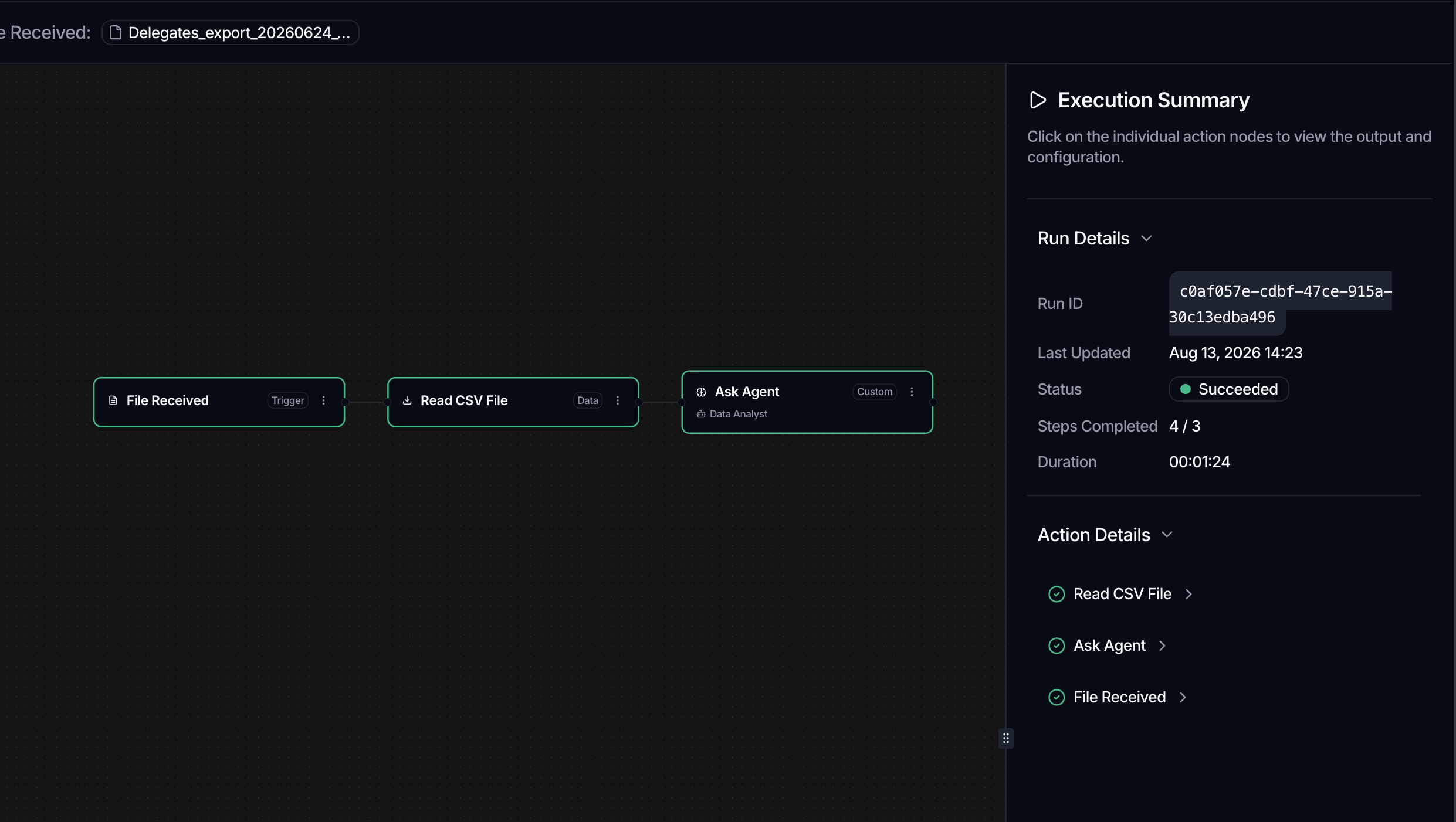 The Execution Summary panel with Run Details (Run ID, Last Updated, Status Running, Steps Completed 2/3) and Action Details listing each action.