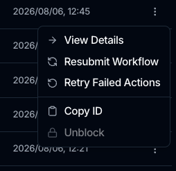 A failed execution's row menu with View Details, Resubmit Workflow, Retry Failed Actions and Copy ID.