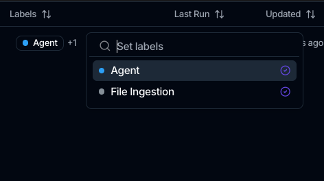 The Workflows list Labels column with a Set labels picker open, showing labels Agent and File Ingestion, next to a Draft status badge.