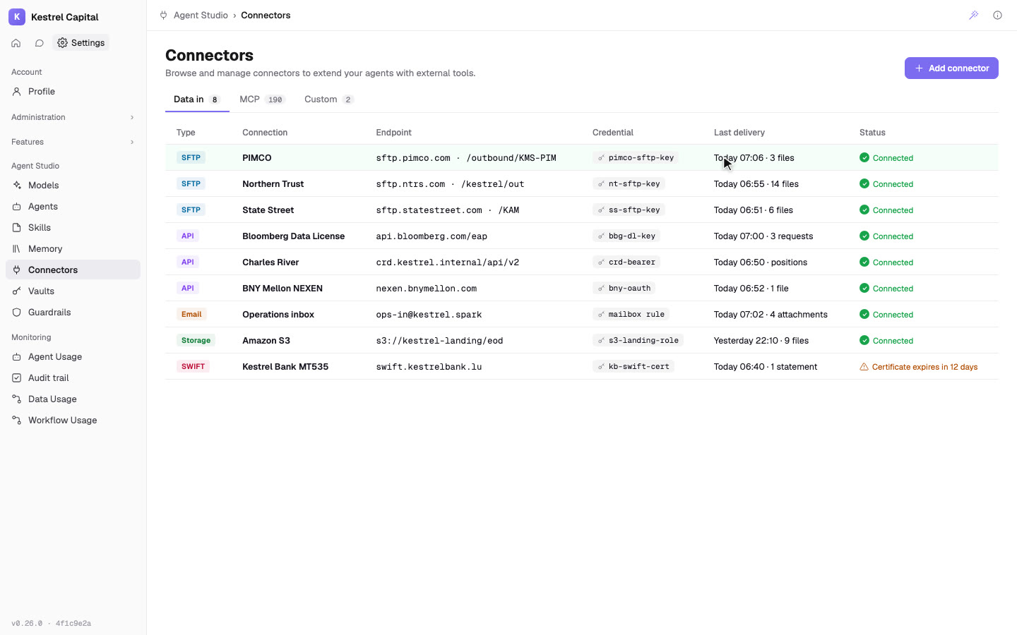 SPARK connectors: inbound connections with vault credentials, the MCP catalogue, and the vault