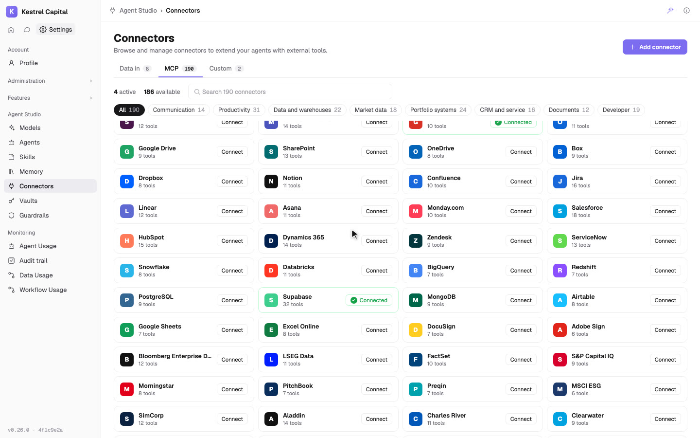 Connectors in SPARK: inbound SFTP, API, inbox, storage and SWIFT connections with vault credentials, a long MCP catalogue, a custom MCP server with a key from the vault, and key rotation in the vault